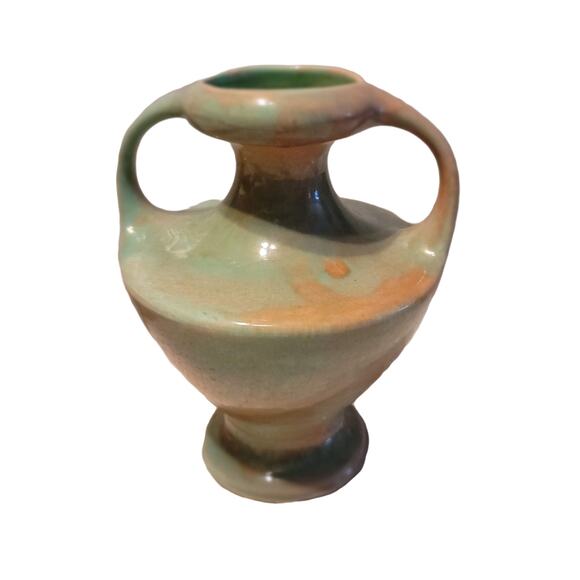 California Ceramics Vintage Double Handle Vase Earthtones Green Sand Mottled MCM - Picture 2 of 9